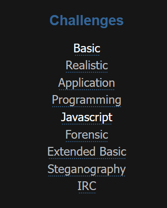 The HackThisSite sidebar lists several challenge categories, including the Basic category that we just completed. There is also a Realistic category, an Application category, a Programming category, Javascript, Forensic, Steganography, and an Extended Basic category.